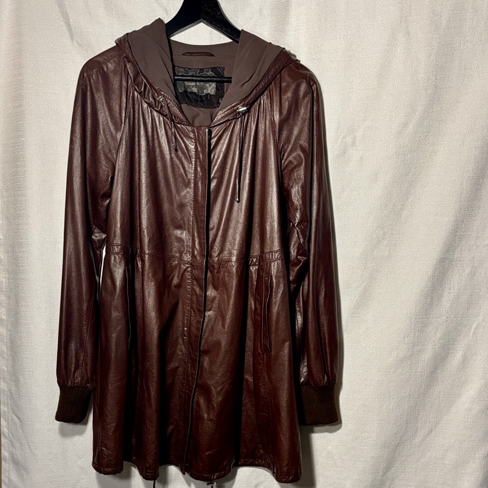 Sportmax by Holt Renfrew Dark Brown Leather Hooded Anorak Jacket